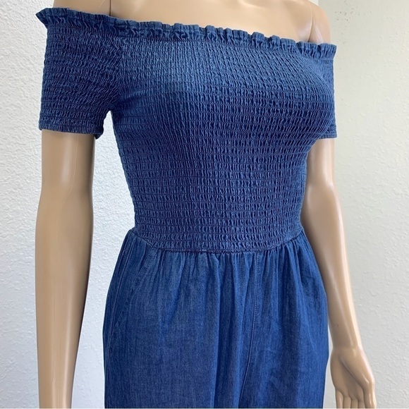 BLUE Rain Francescas chambray Ellison Romper size XXS Ruched Off Shoulder rodeo - Picture 6 of 13